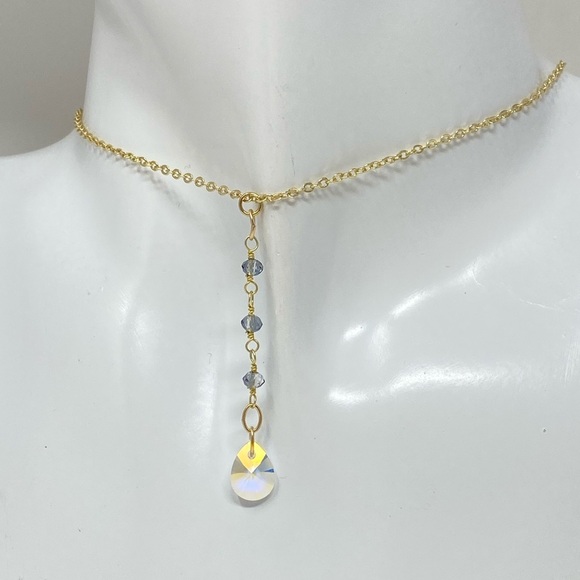 Gold filled adjustable choker necklace w/ aurora borealis crystal + earrings - Picture 4 of 8